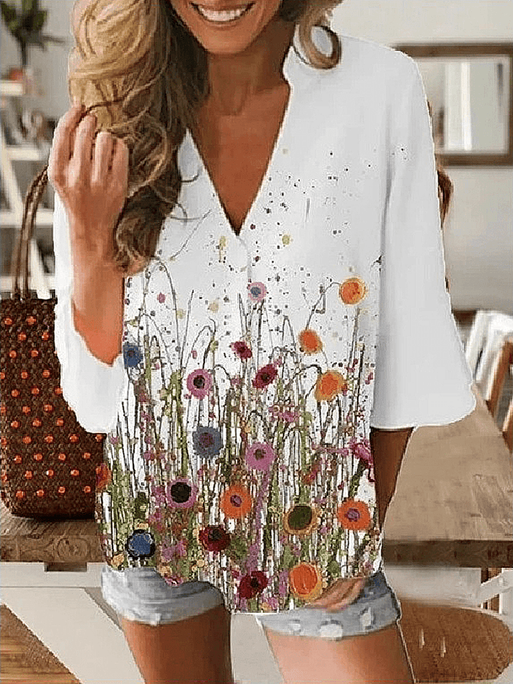 Casual Women Floral Print V-Neck White 3/4 Sleeve Blouses - MRSLM