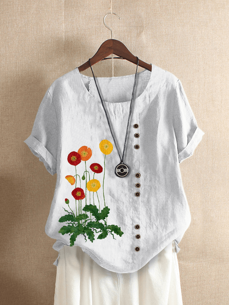 Flower Embroidery O-Neck Short Sleeve Button Casual T-Shirts for Women - MRSLM
