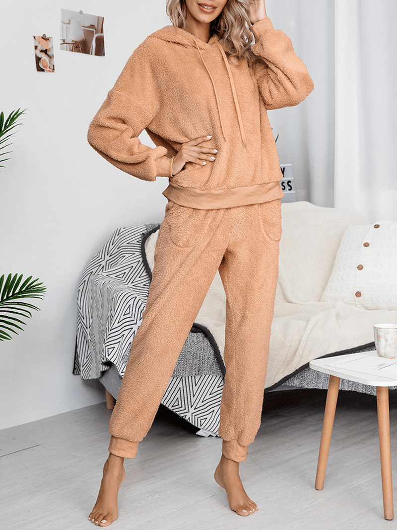 Women Soft Solid Color Hoodie Pocket Elastic Waist Jogger Pants Home Plush Pajama Set - MRSLM