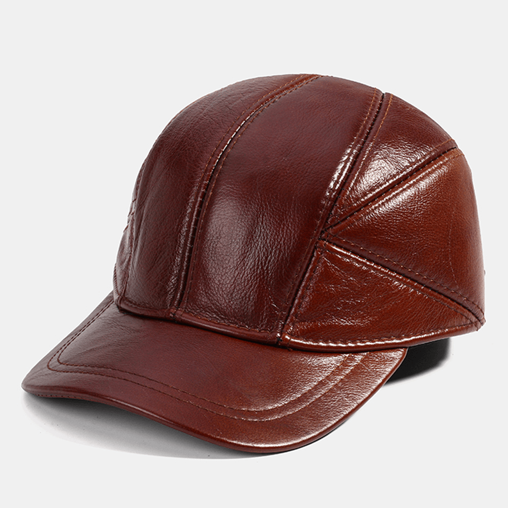Men Genuine Leather Adjustable round Top Ear Protection Large Brim Keep Warm Baseball Hat - MRSLM