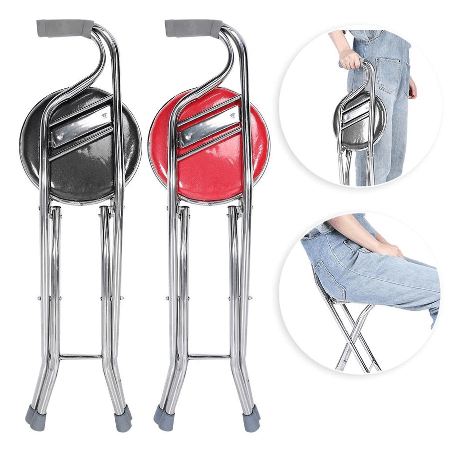Multipurpose 2 in 1 Ergonomic Design Folding Walking Stick Stool Stainless Steel Walking Chair for the Elderly - MRSLM