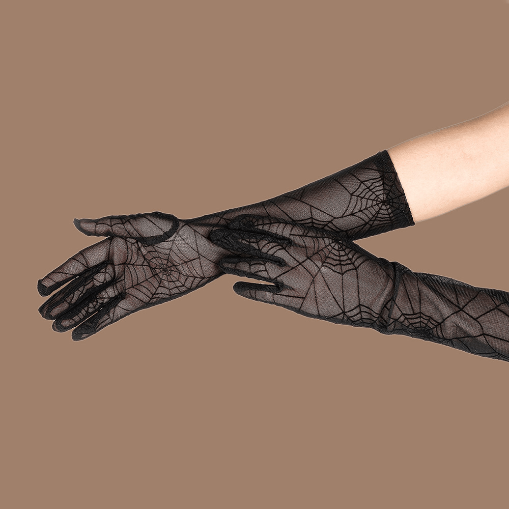 Women Solid Spider Web Pattern Lace Gloves Summer Sunshade Long Full Finger Split Finger Gloves - MRSLM