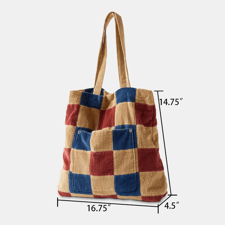 Women Color Matching Large Capacity Tote Corduroy Plaid Front Pocket Vintage Shoulder Bag Handbag - MRSLM