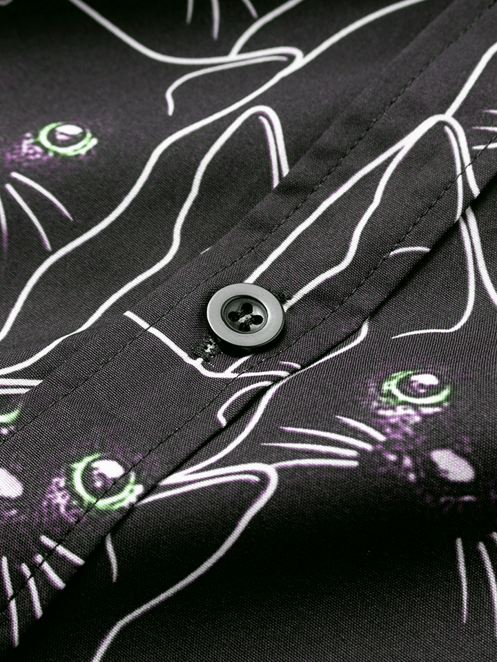 Mens Cartoon Black Cat Print Light Casual Short Sleeve Shirts - MRSLM