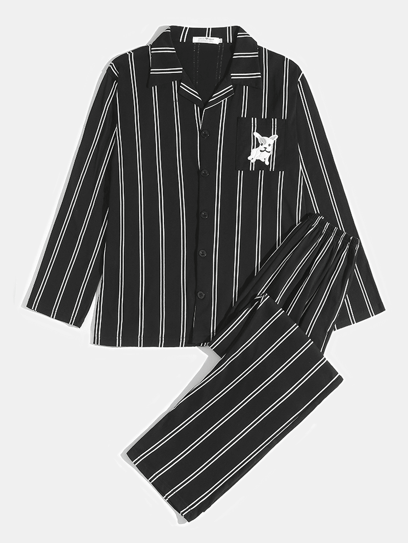 Mens Striped Cute Dog Embroidery Cotton Lapel Two-Piece Home Pajamas Sets - MRSLM