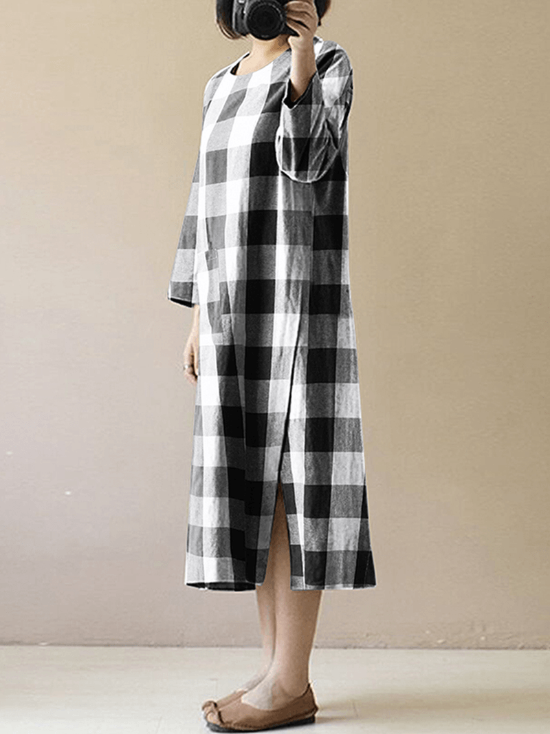Women Vintage Plaid O-Neck Long Sleeve Splited Midi Dress - MRSLM