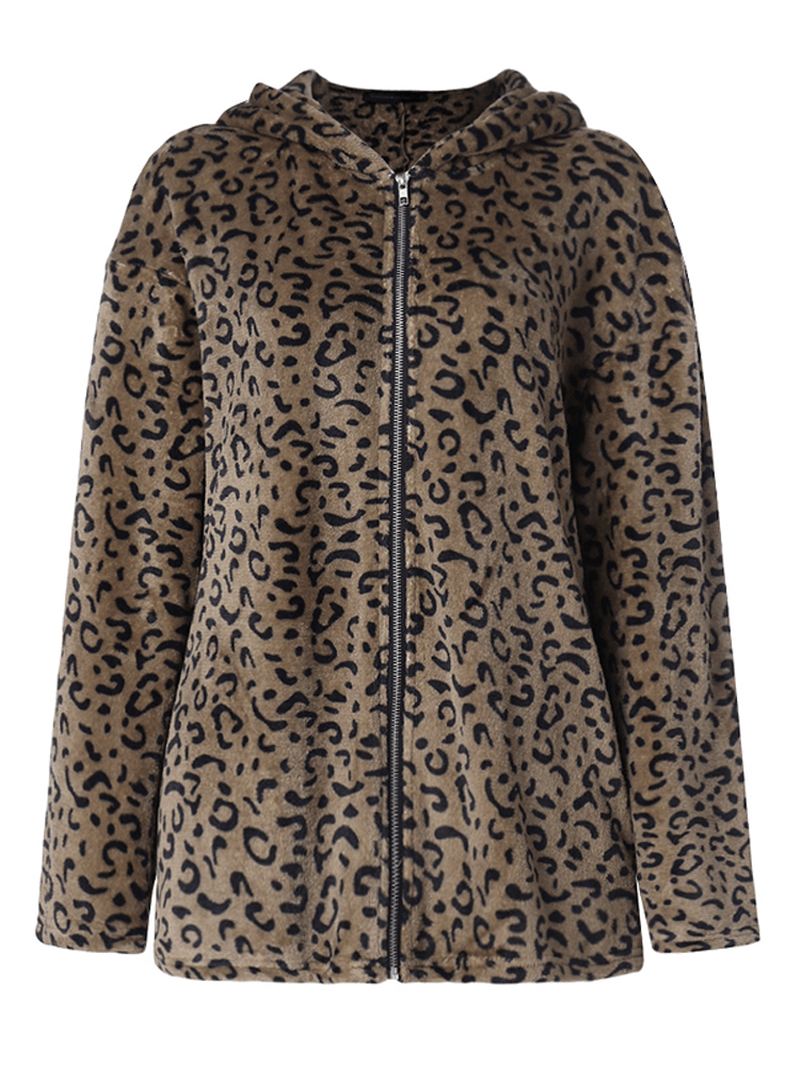 Women Casual Zip up Leopard Print Hooded Coats - MRSLM