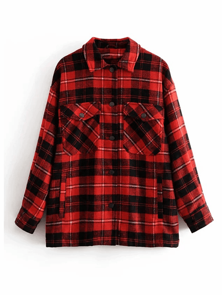 Women Plaid Button Front Lapel Long Sleeve Casual Coats with Multi Pocket - MRSLM