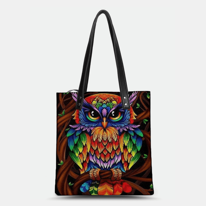 Color Owl Print Pattern Leather Tote Bag Sticker Shoulder Bag Handbag Tote with Built-In Small Bag - MRSLM