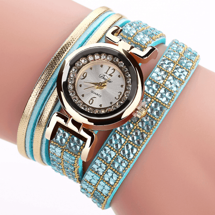 DUOYA Fashion Style Leather Band Bracelet Winding Rhinestones Dial Quartz Moement Ladies Watches - MRSLM