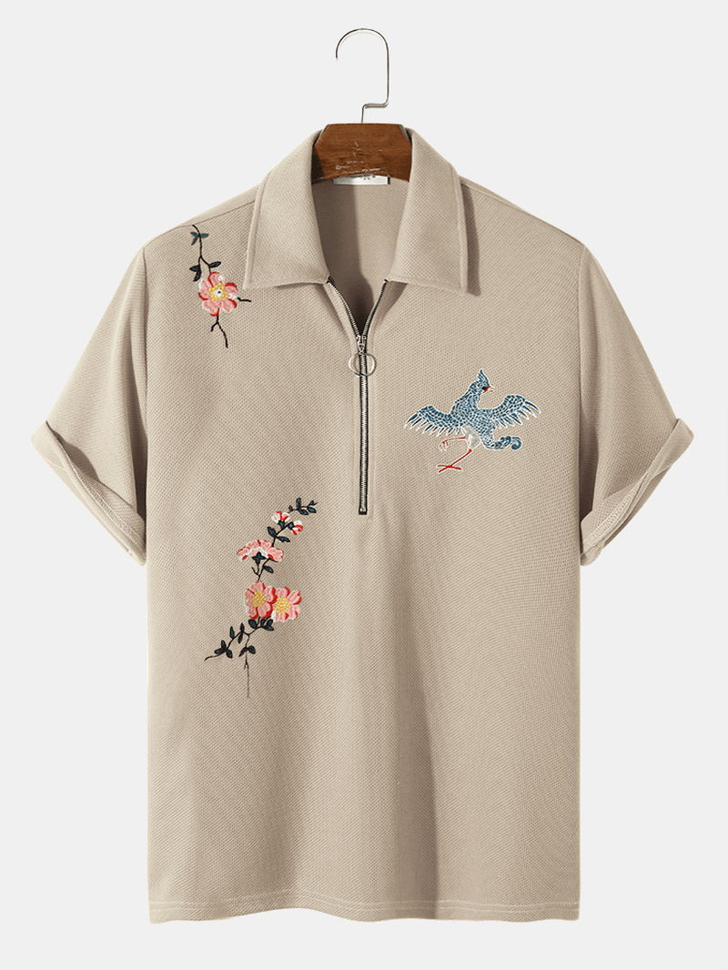 Mens Grain Fleece Flower Bird Embroidery Casual Shirts - MRSLM
