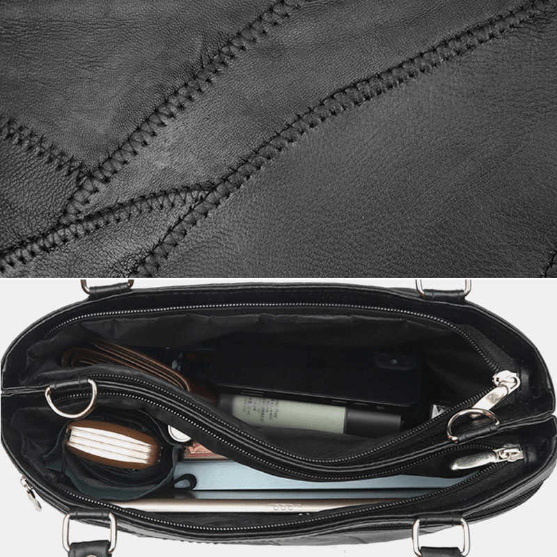 Women Genuine Leather Geometric Pattern Color Matching Vintage Large Capacity Handbags Shoulder Bag Crossbody Bags - MRSLM