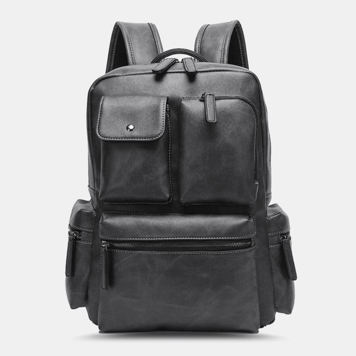 Men PU Leather Multi-Pocket Breathable Backpack Retro Large Capacity 14 Inch Laptop Bag - MRSLM