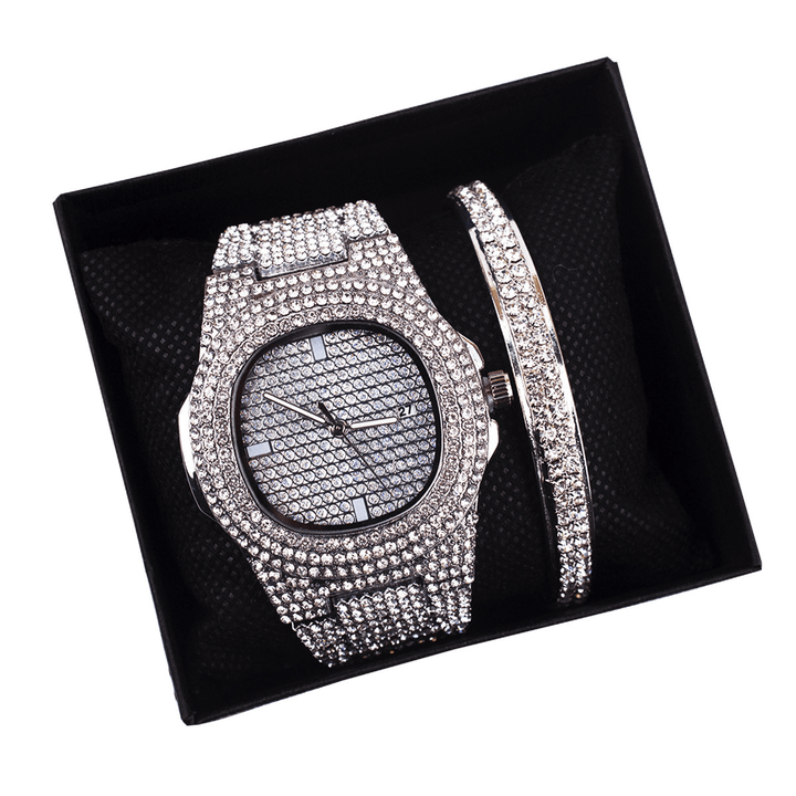 2Pcs/ Set Luxury Fashion Women Wristwatch Set Bling Inlaid Rhinestone Quartz Watch Jewelry Gift - MRSLM