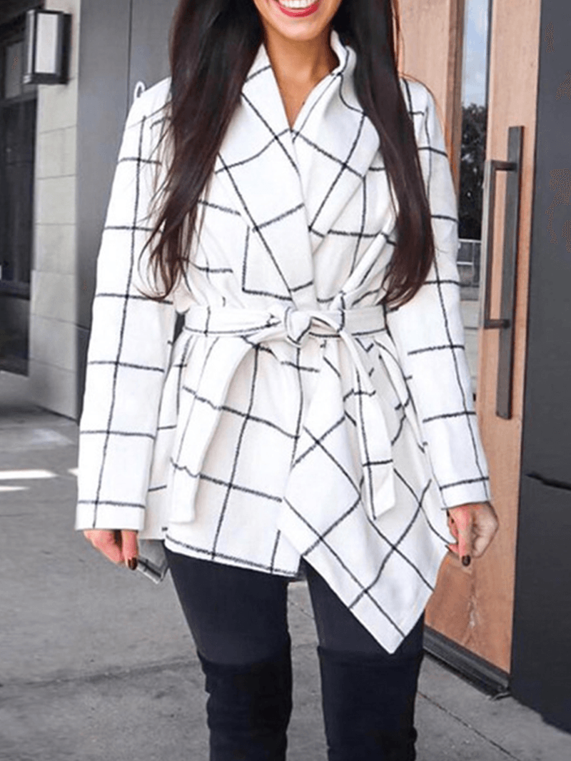 Women Plaid Long Sleeve Asymmetrical Hem Coats with Sashes - MRSLM