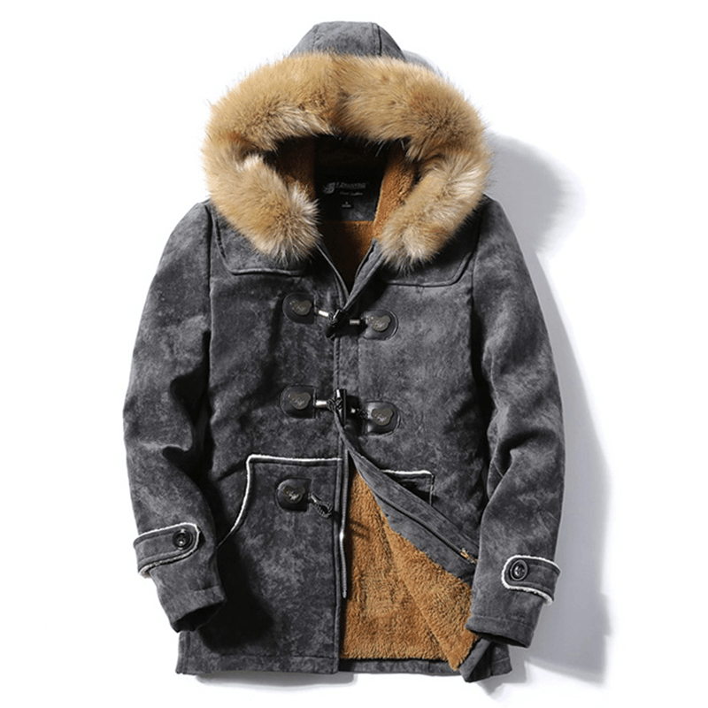 Mens Furry Hooded Fleece Thick Warm Winter Toggle Coat Parka - MRSLM
