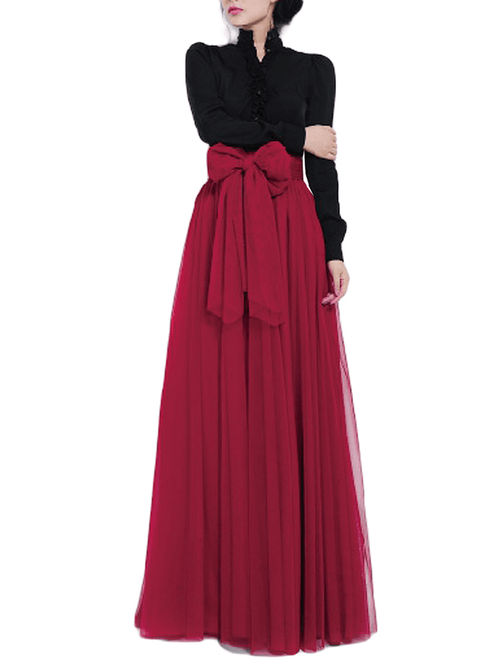 Solid Color Mesh Tulle Pleated Maxi Skirt - MRSLM