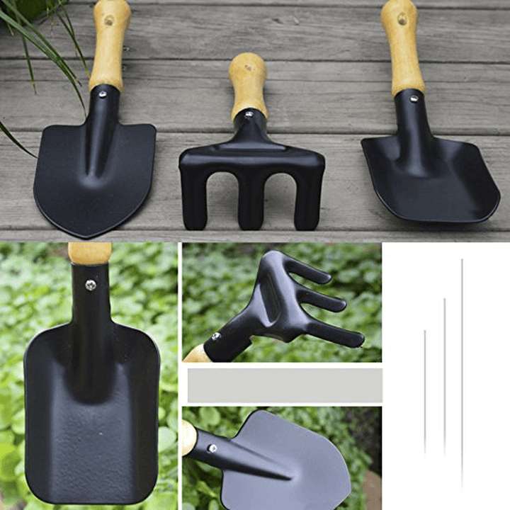 3Pcs Mini Hand Garden Tool Set Plant Gardening Shovel Spade Rake Trowel Wood Handle Metal Head - MRSLM