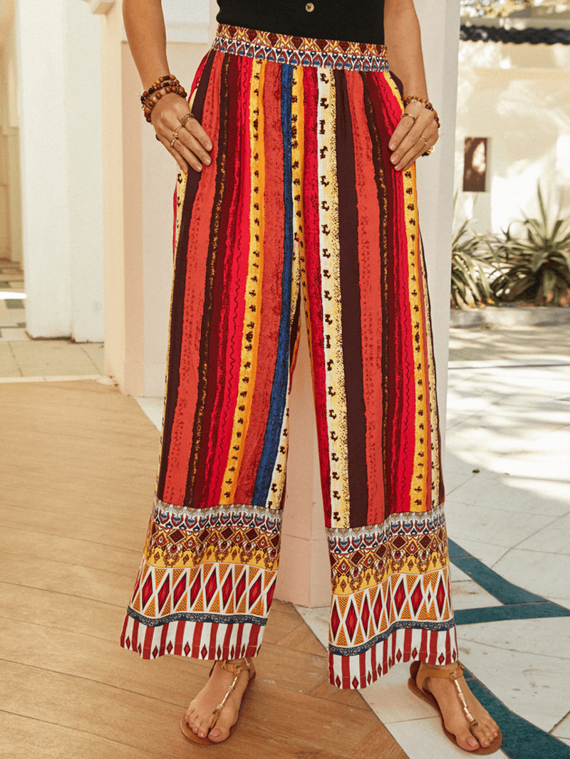 Women Colorful Ethnic Style Striped Print Loose Mid Waist Wide Leg Pants - MRSLM