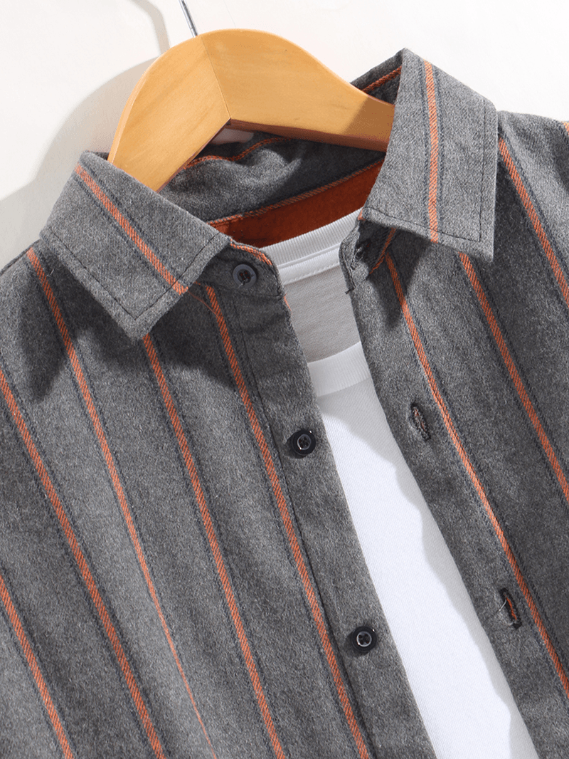 Mens Stripe Warm Thick Lined Pocket Long Sleeve Lapel Shirts - MRSLM