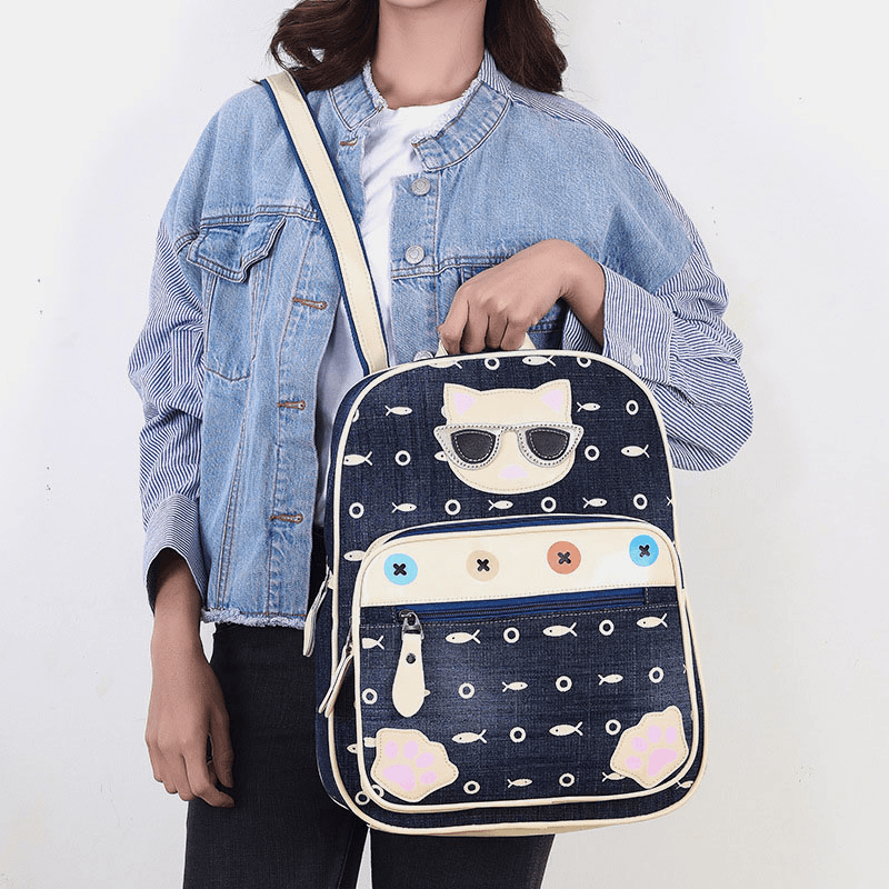 Women Canvas Cute Cat Print Patchwork Casual Backpack School Bag - MRSLM