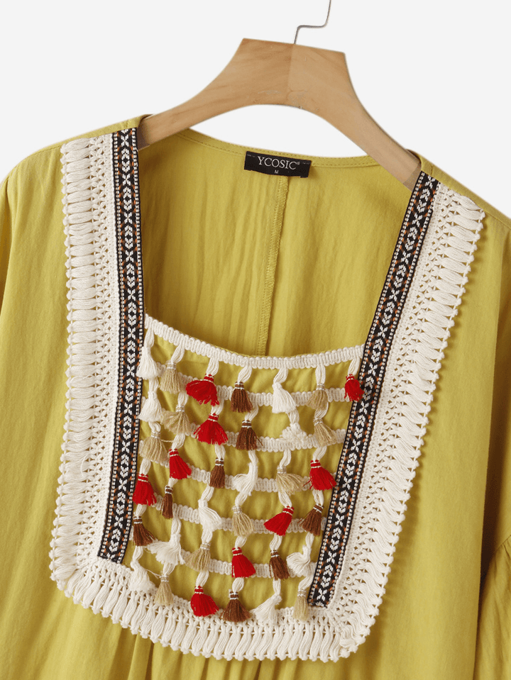 Women Bohemia Tassel Design Square Collar Midi Dress with Pocket - MRSLM