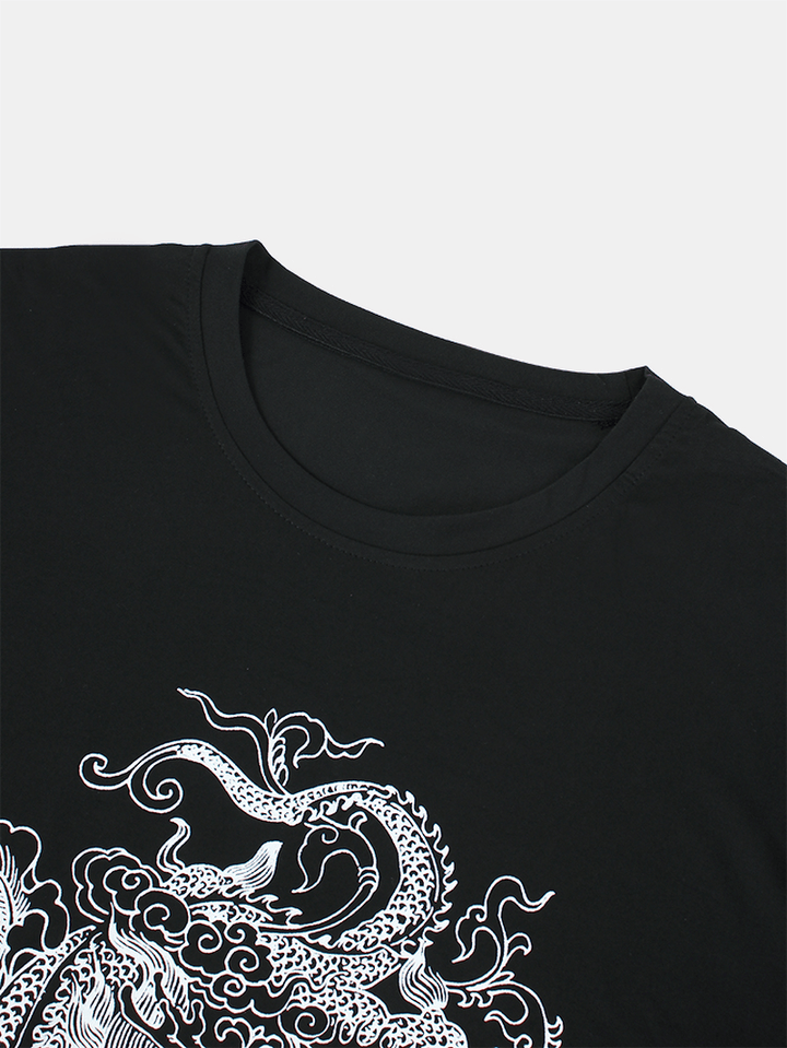 Mens Dragon Print Breathable round Neck Casual Short Sleeve T-Shirts - MRSLM