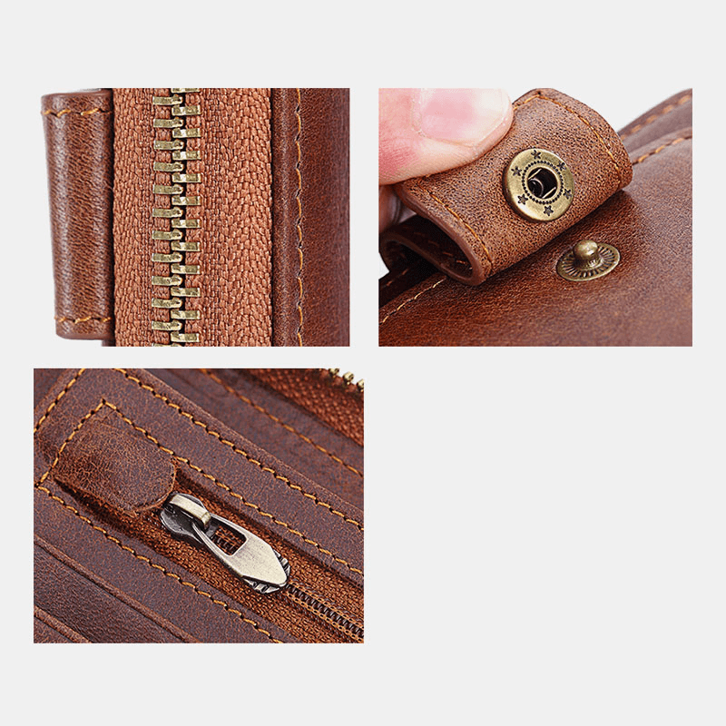 Men Genuine Leather RFID Blocking Wallet Vintage Organizer Zipper Wallet - MRSLM
