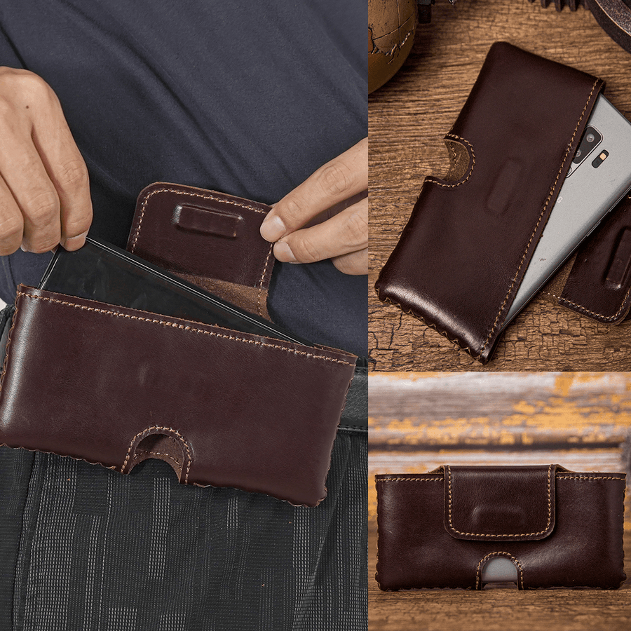 Men Handmade Genuine Leather Belt Carry 6.3 Inch Phone Bag Solid Color Daily Casual Belt Bag Waist Bag - MRSLM
