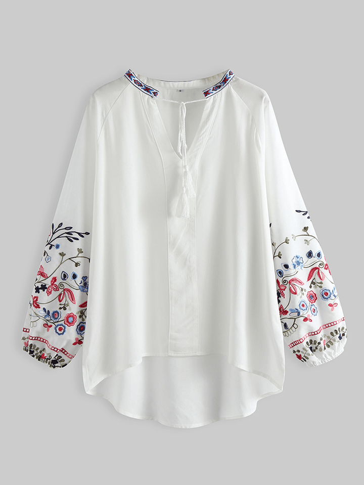 Flower Embroidery V-Neck Drawstring Cuffs Casual Blouse - MRSLM