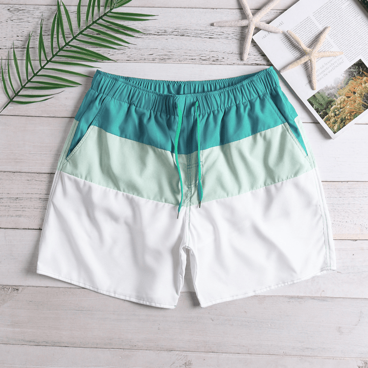 Mens Color Block White Beach Board Shorts Drawstring Quick Dry Mesh Liner with Pocket - MRSLM