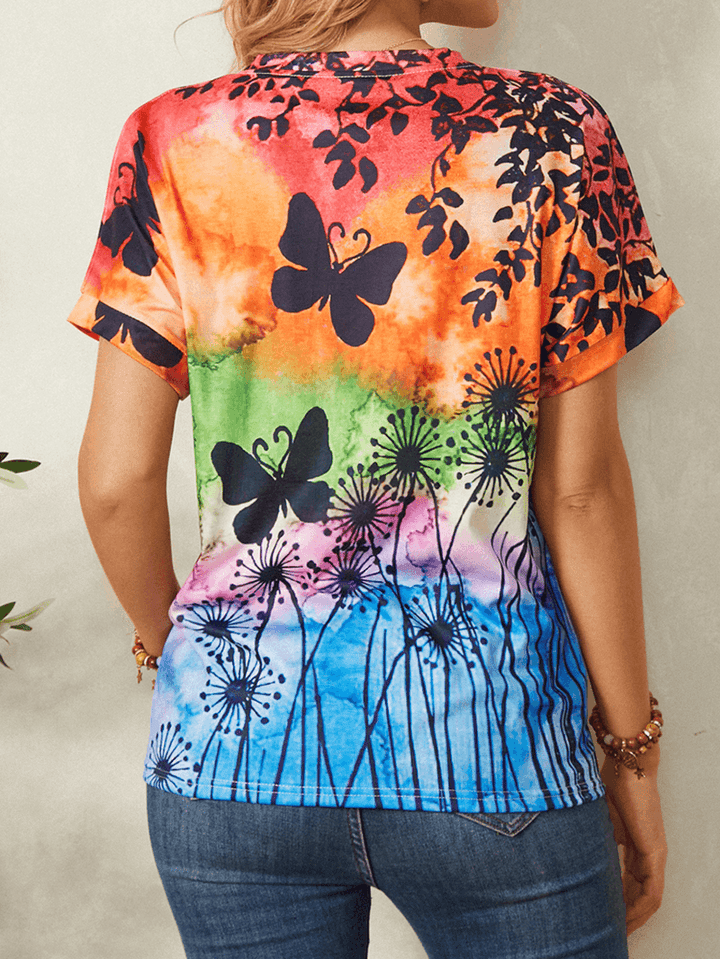 Women All over Butterfly Print round Neck Casual Short Sleeve T-Shirts - MRSLM