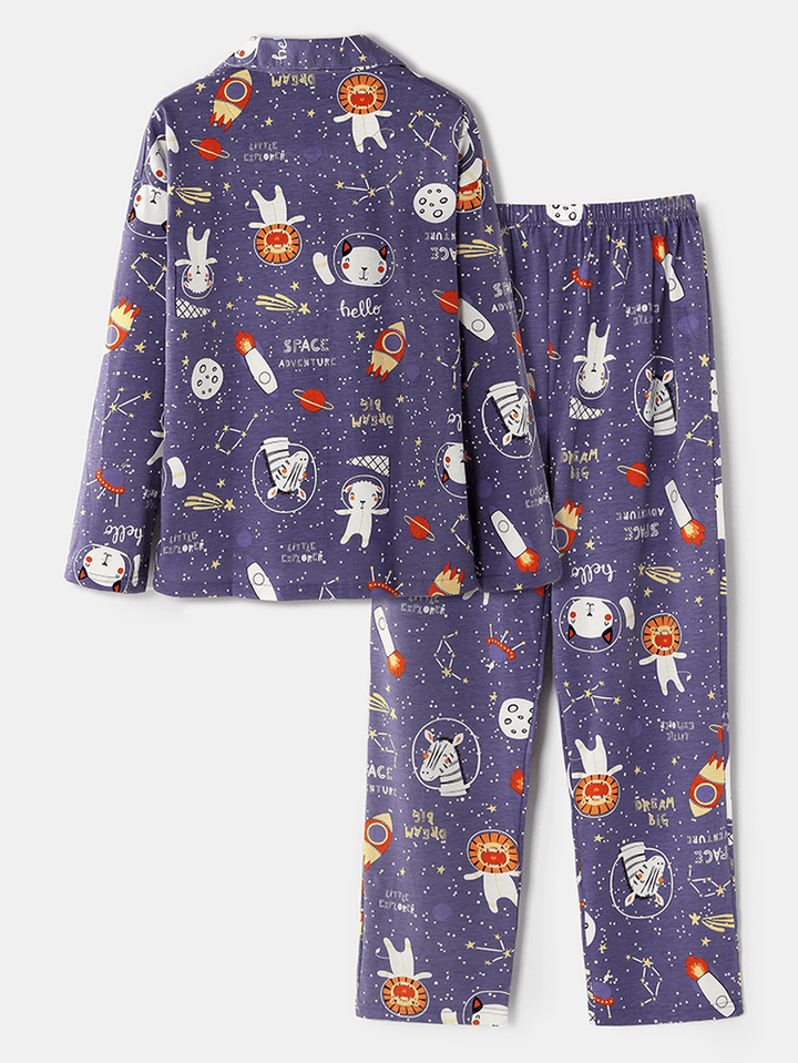 Women Cartoon Animal & Space Print Cotton Pocket Long Sleeve Elastic Waist Home Pajama Set - MRSLM