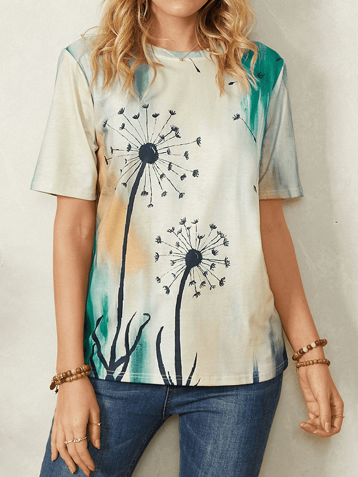 Women Plant Ombre Print round Neck Casual Short Sleeve T-Shirts - MRSLM
