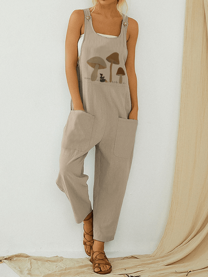 Mushroom Print Straps Sleeveless Patchwork Pocket Button Casual Jumpsuit for Women - MRSLM