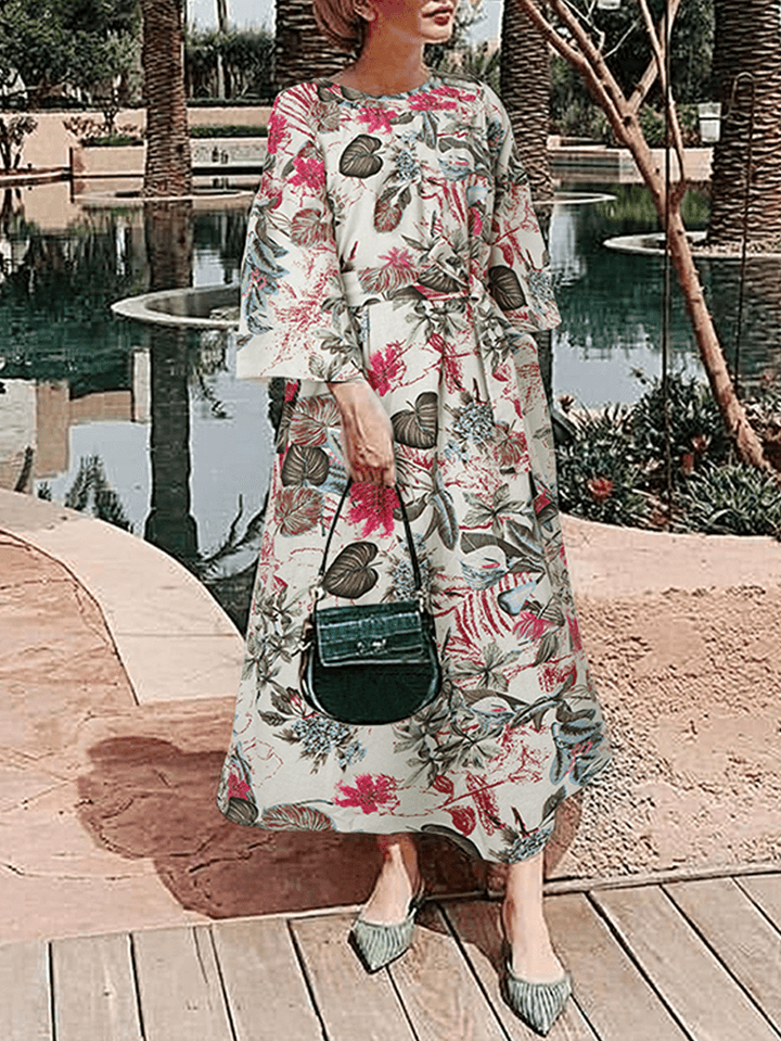 Women Floral Print O-Neck 3/4 Sleeve Casual Belted Maxi Dresses - MRSLM