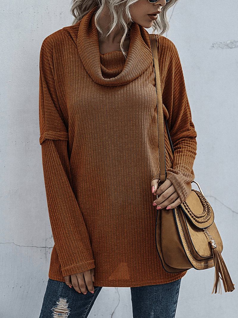 Women Solid Color Rib Knit Turtleneck Warm Long Sleeve Sweaters - MRSLM