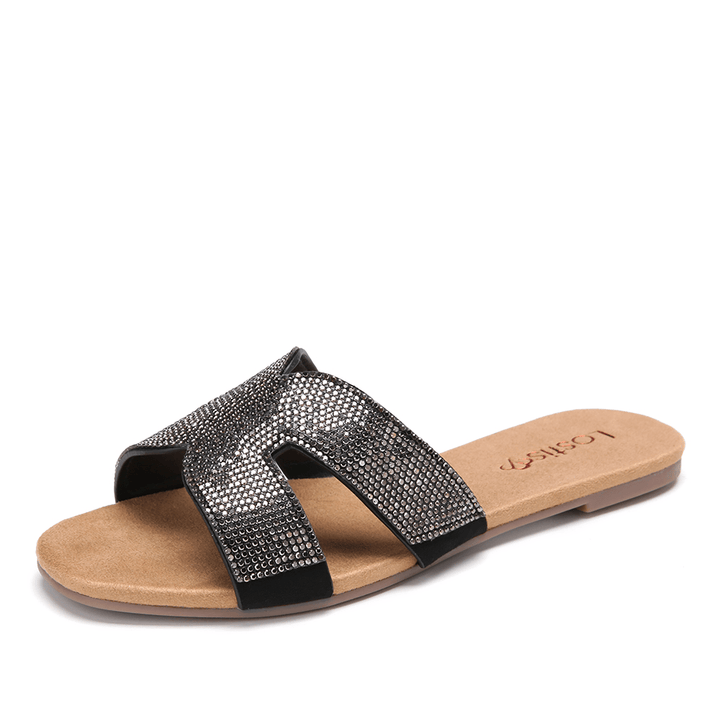 LOSTISY Women Beading Hollow Out Casual Slide Sandals - MRSLM