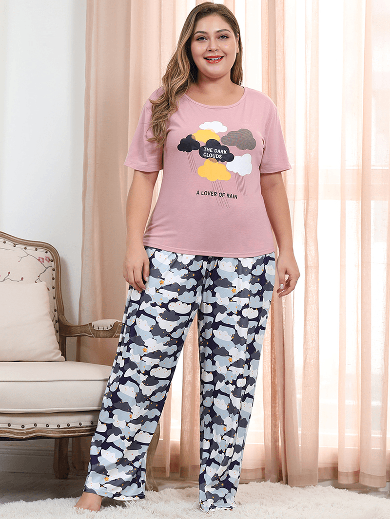 Women Funny Clouds Print Short Sleeve Crew Neck Summer Pajama Set - MRSLM