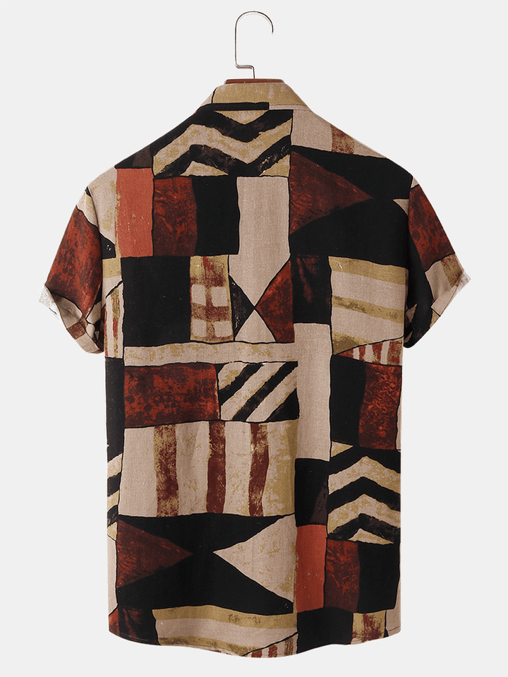 Mens Cotton Color Block Contrast Geometry Print Short Sleeve Shirts - MRSLM