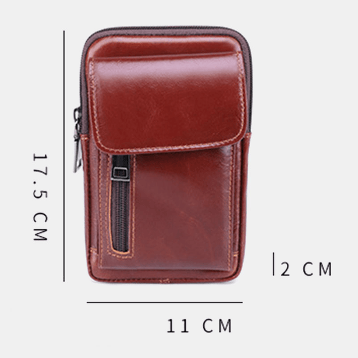 Men Flap-Over Front Zipper Pocket Belt Bag Sport Casual 6.3 Inch Phone Bag Genuine Leather Waist Bag - MRSLM