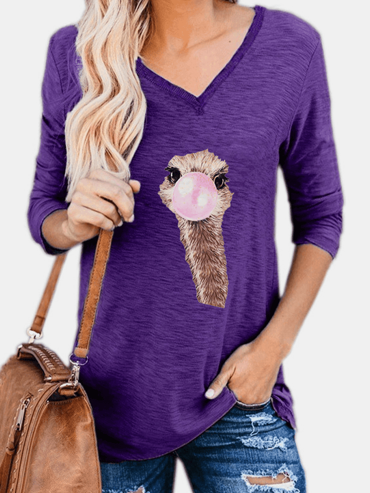 Women Cute Ostrich Animal Print V-Neck Long Sleeve Casual Blouses - MRSLM