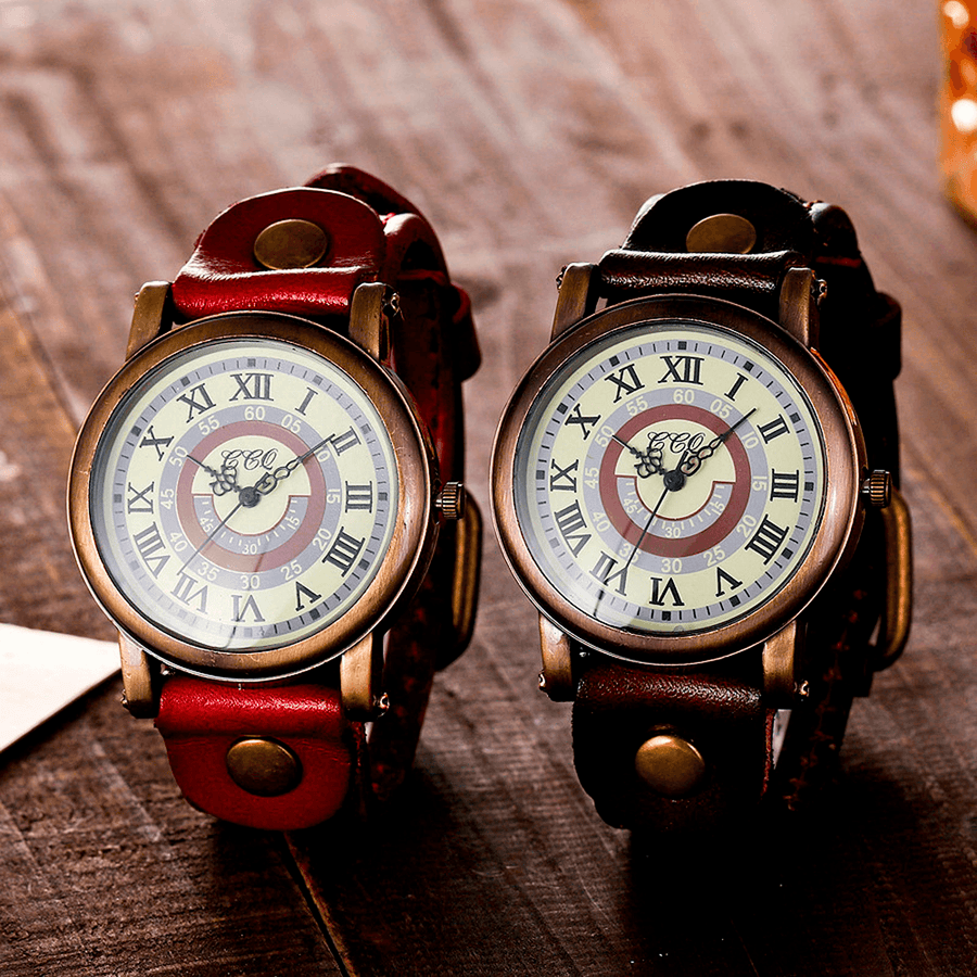 Vintage Turntable Roman Numeral Dial Cowhide Strap Women Wrist Watch Quartz Watch - MRSLM