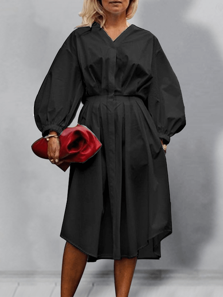 Women Solid Color Puff Sleeve Button up V-Neck Elastic Waist Simple Pleated Midi Shirt Dresses - MRSLM