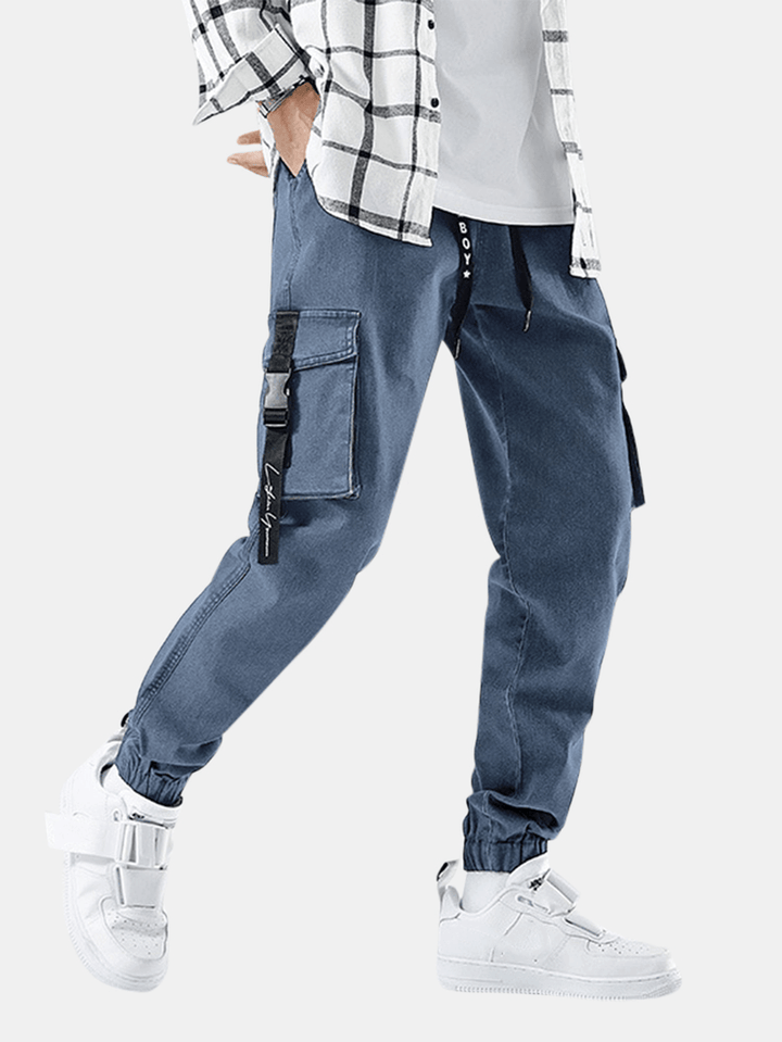 Mens Multi-Pocket Casual Elastic Cuffs Drawstring Beam Feet Pants Jeans - MRSLM