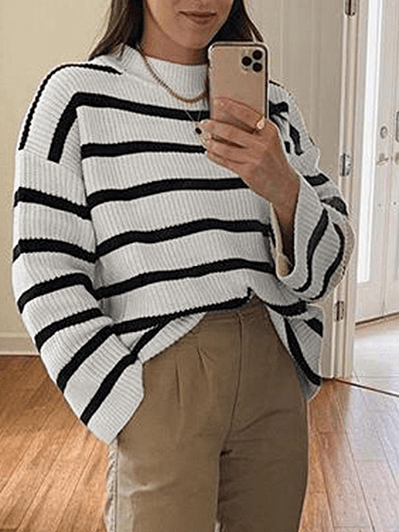 Women Black and White Striped O-Neck Casual Loose Fit Preppy Sweasters - MRSLM
