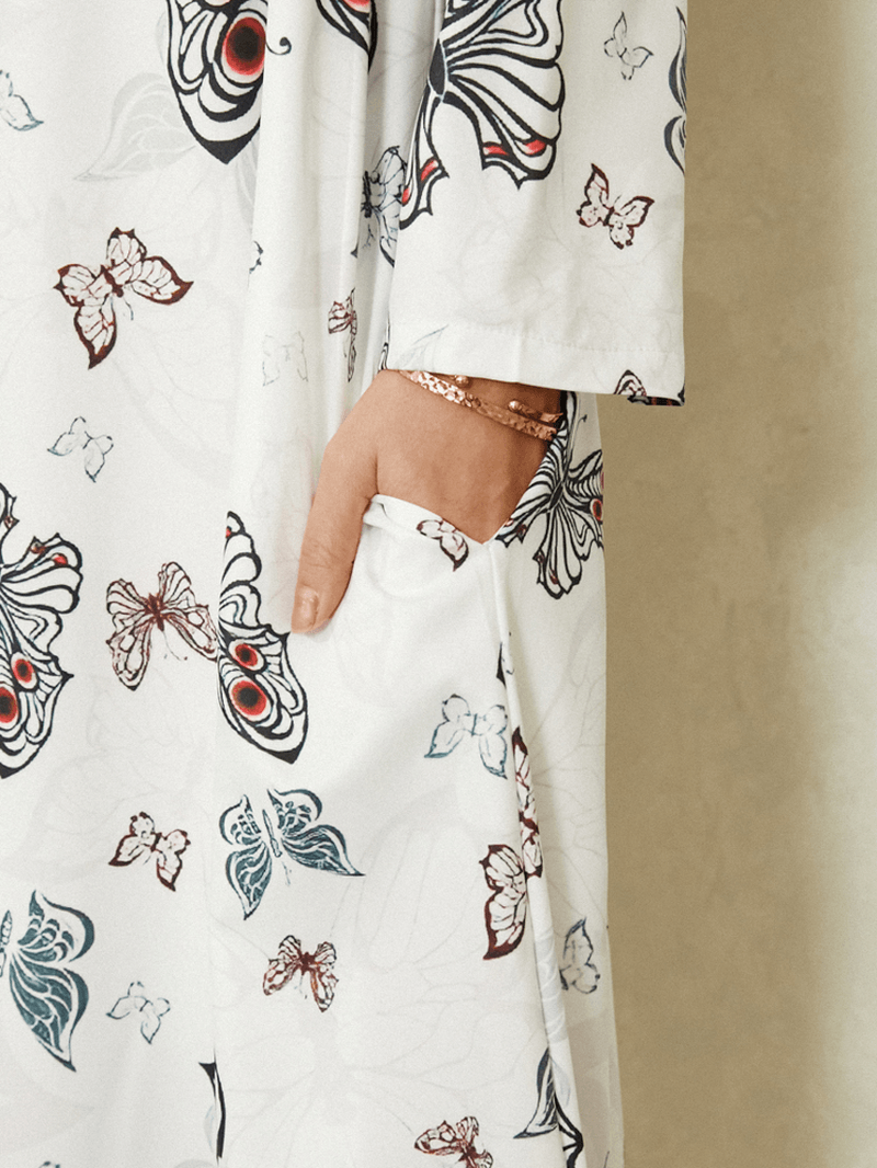 Women Butterfly Print Long Sleeve Pocket Casual Maxi Dress - MRSLM