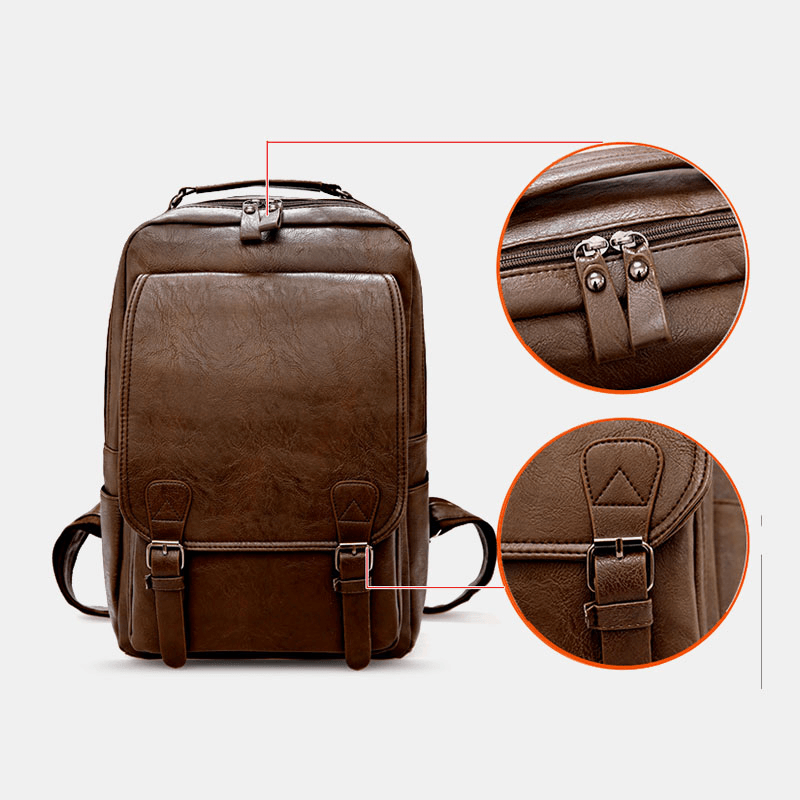 Men PU Leather Vintage Business Waterproof Wear-Resistant Large Capacity 15.6 Inch Laptop Bag Backpack - MRSLM