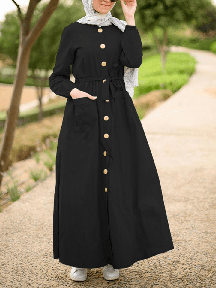 Women Front Pockets Lace-Up Mid-Calf Kaftan Length Maxi Dresses - MRSLM