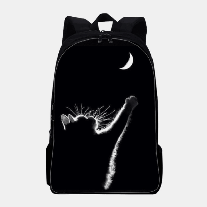 Women Oxford Cloth Casual Cute Black Cat Back View and Moon Printing School Bag Backpack - MRSLM